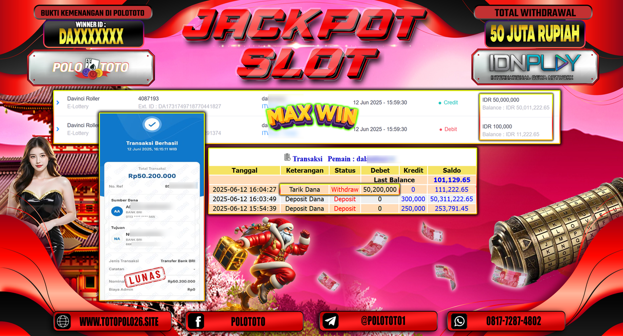 POLOTOTO JACKPOT SLOT DAVINCI ROLLER Rp.50.000.000,- LUNAS