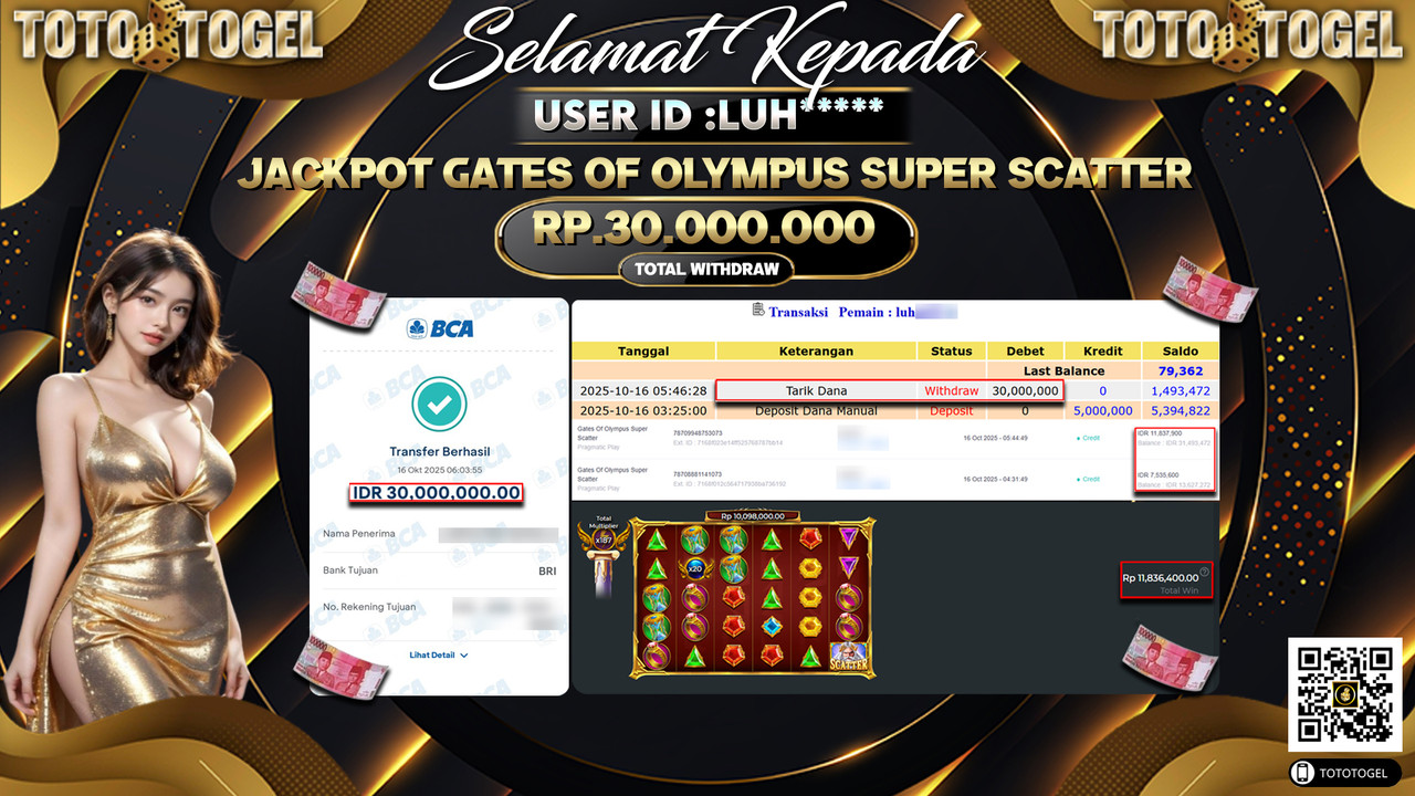 Bukti Pembayaran Jackpot Permainan Slot Gates Of Olympus Super Scatter  ID:LUH**** LUNAS
