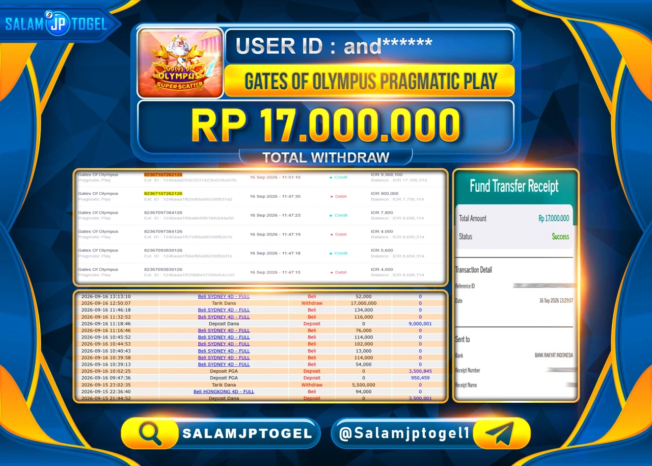SALAMJPTOGEL JACKPOT MENANG SLOT GATES OF OLYMPUS Rp.17,000,000 - LUNAS