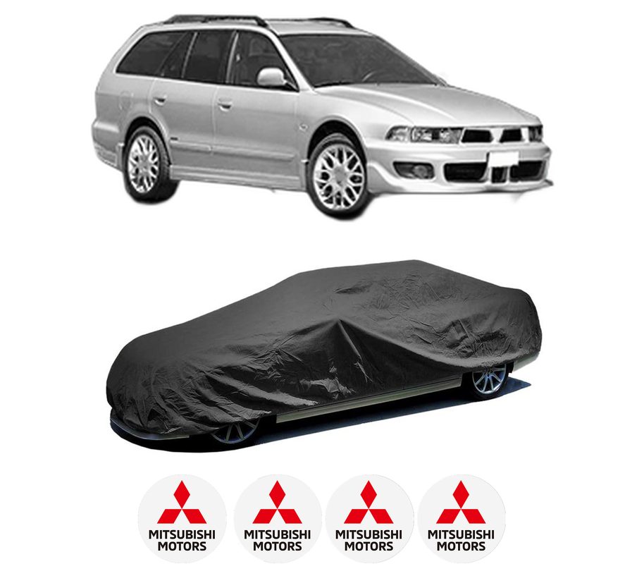 Husa tip prelata auto pentru MITSUBISHI GALANT VIII Estate (EA_, EC_) din 1996-2003, Culoare Negru, material textil impermeabil, rezistanta la intemperii praf UV, CARPASSION Husa Protectie, 4 Stickere auto cu MITSUBISHI