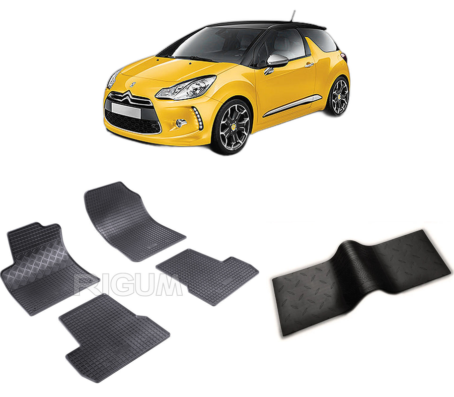 Set covorase auto DS 3 din 2009-03.2019, cu covoras tunel median, CAROSERIE HATCHBACK, Presuri cauciuc 100%, compatibil cu autoturismul DS 3, Rigum