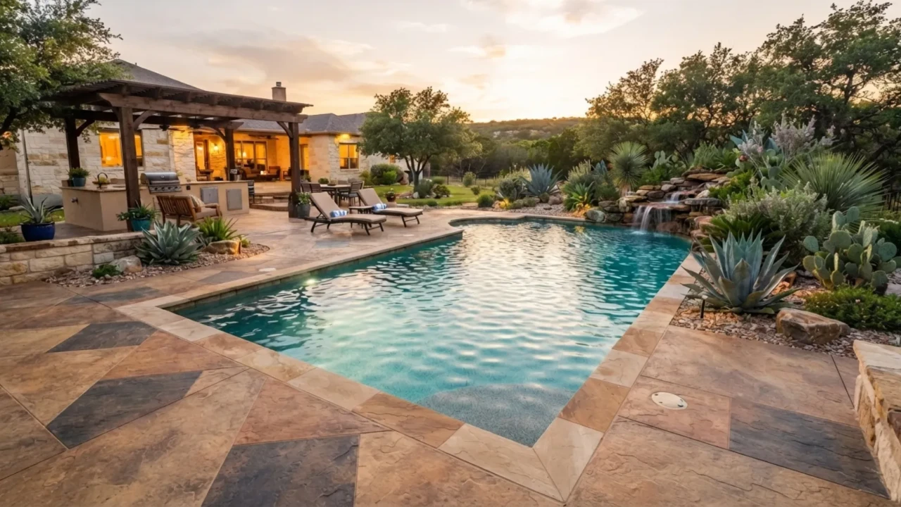 Slate texture stamped concrete pool deck San Antonio naturalistic