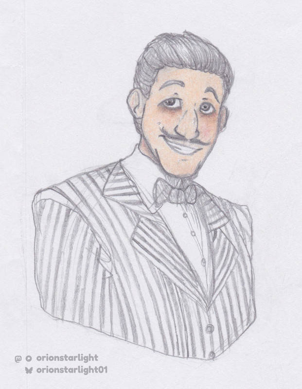 My drawing of Gomez Addams from the 90s Addams Family films where he is portrayed by Raul Julia. He is grinning at the viewer.