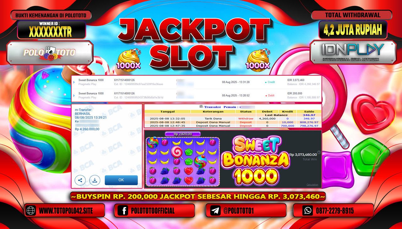 POLOTOTO JACKPOT SLOT SWEET BONANZA 1000 Rp.4.200.000,-LUNAS