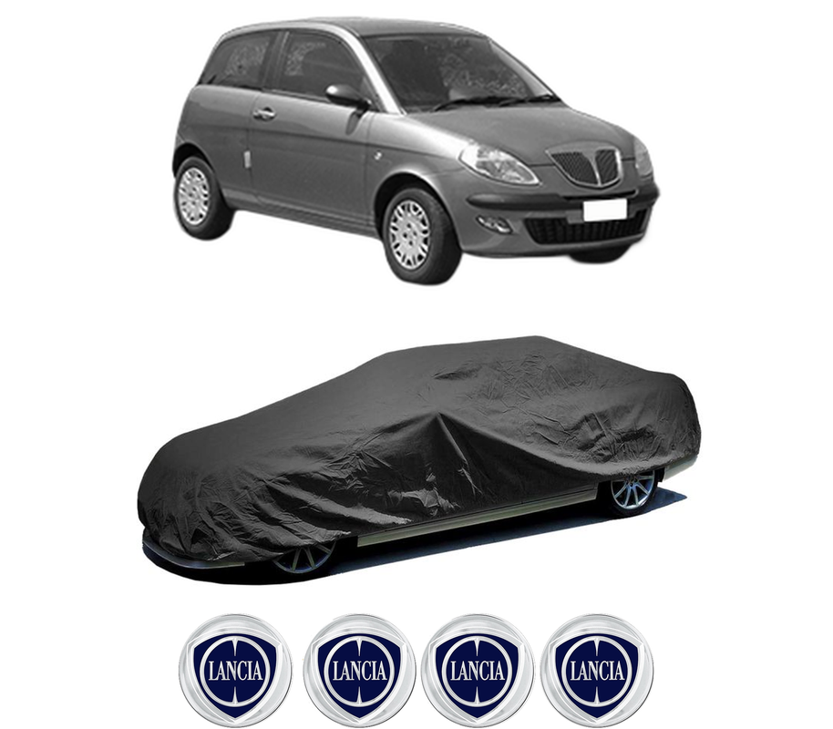 Husa tip prelata auto pentru LANCIA YPSILON (843_) din 2003-2011, Culoare Negru, material textil impermeabil, rezistanta la intemperii praf UV, CARPASSION Husa Protectie, 4 Stickere auto cu LANCIA