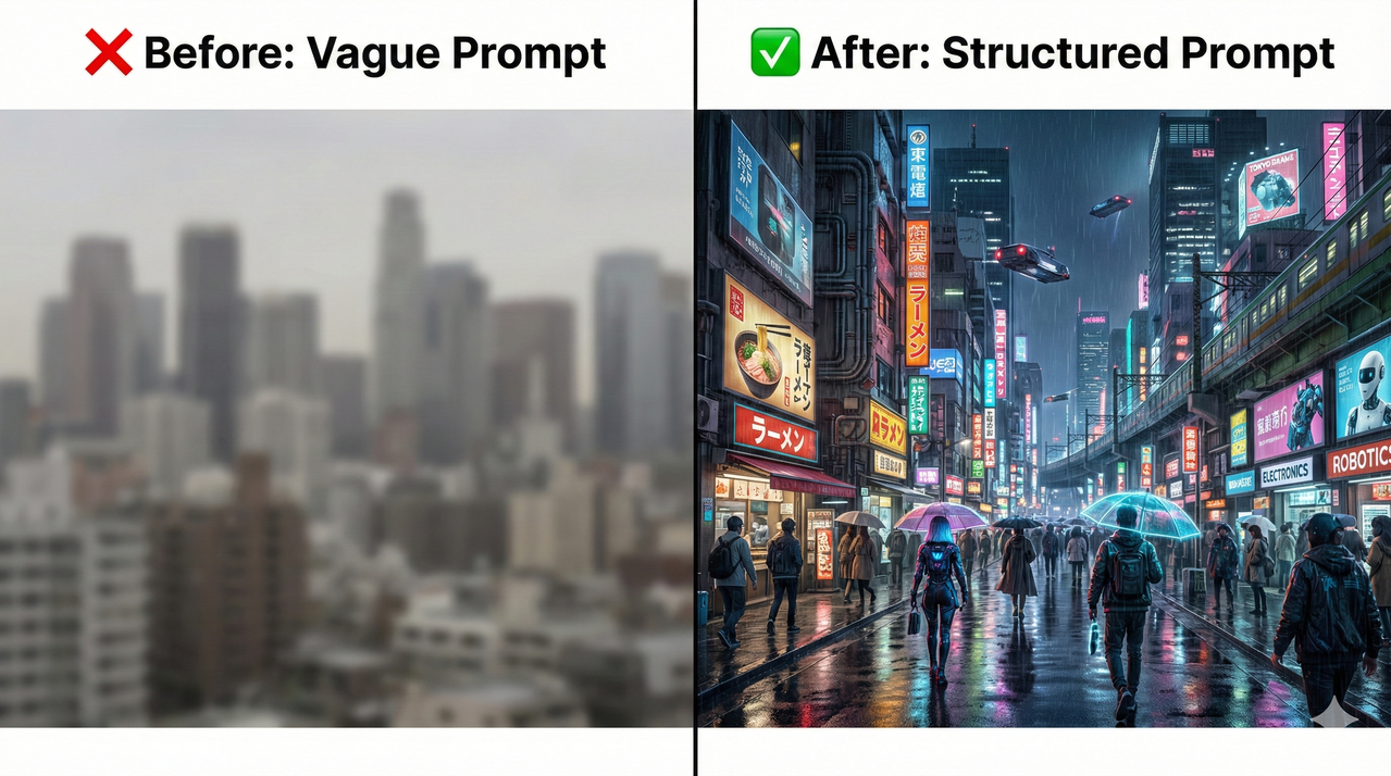 Side-by-side comparison of Nano Banana Pro 2 output before and after prompt improvement — blurry city vs sharp 4K cyberpunk Tokyo