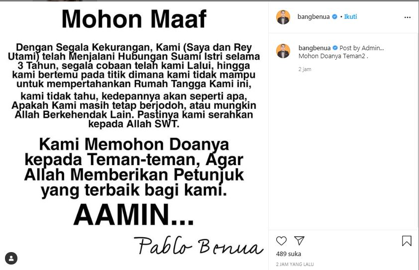 Unggahan Pablo Benua isyaratkan keretakan dalam rumah tangganya.