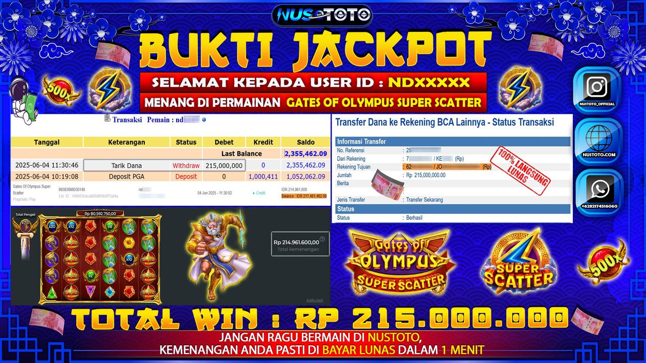 JACKPOT !! MENANG BESAR DI SLOT Gates of Olympus Super Scatter Rp. 215.000.000 LANGSUNG DI BAYAR LUNAS NUSTOTO !!
