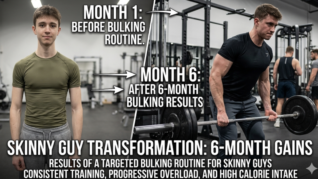 Skinny guy transformation before and after showing results of bulking routine for skinny guys and fast muscle gain
