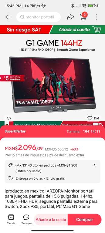 AliExpress: Monitor Portátil Arzopa G1 144hz 
