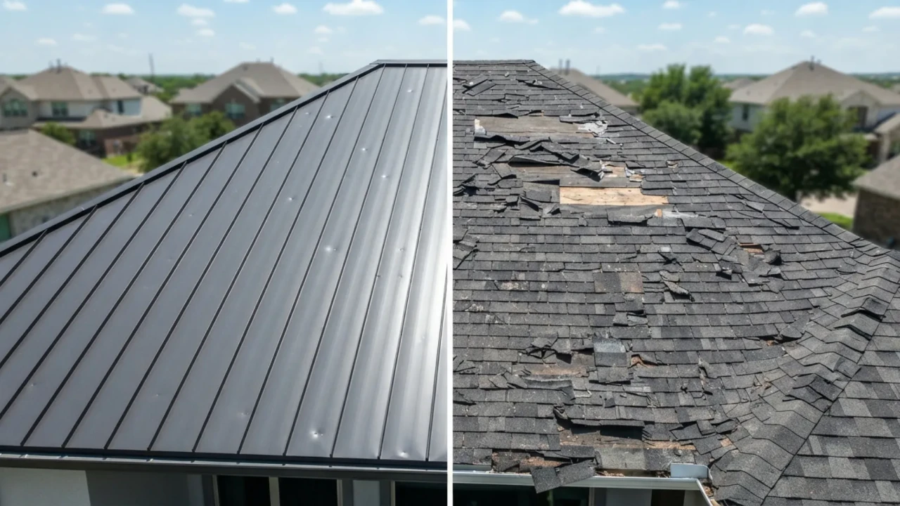 Metal roof surface showing minor hail denting versus asphalt shingles showing cracked and lifted tabs after the same Texas hail and wind storm