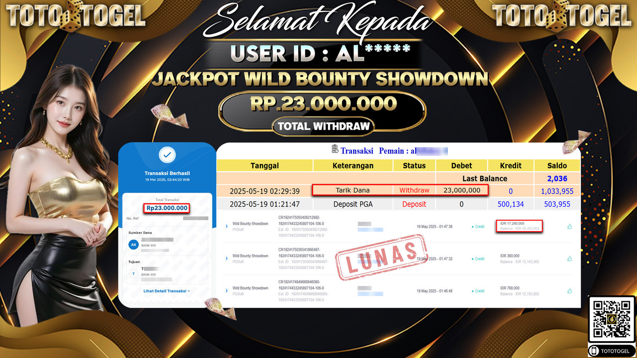 Bukti Pembayaran Jackpot Permainan Slot Wild Bounty Showdown ID:AL***** LUNAS