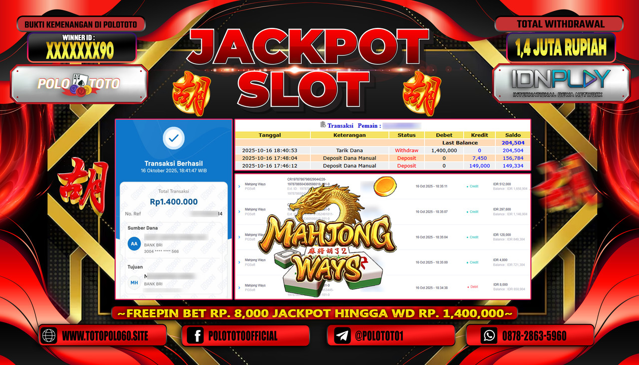 POLOTOTO JACKPOT SLOT MAHJONG WAYS Rp.1.400.000,- LUNAS