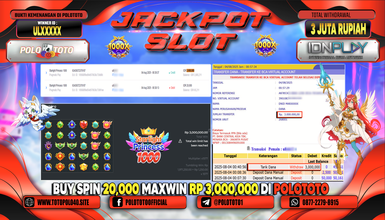 POLOTOTO JACKPOT SLOT STARLIGHT PRINCESS 1000 Rp.3.000.000,-LUNAS