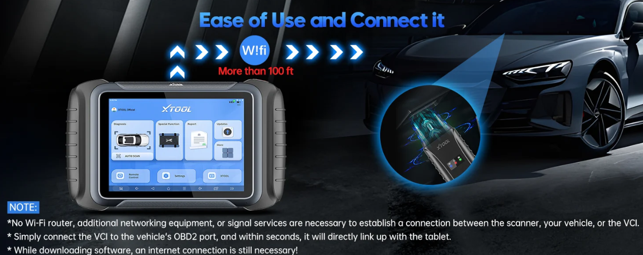 `XTOOL scanner wireless VCI connection with vehicle OBD2 port