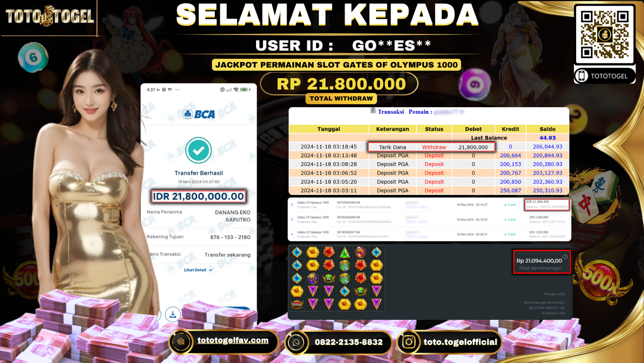 Bukti Pembayaran Jackpot Permainan Slot Gates Of Olympus 1000 ID: GO**ES** LUNAS 