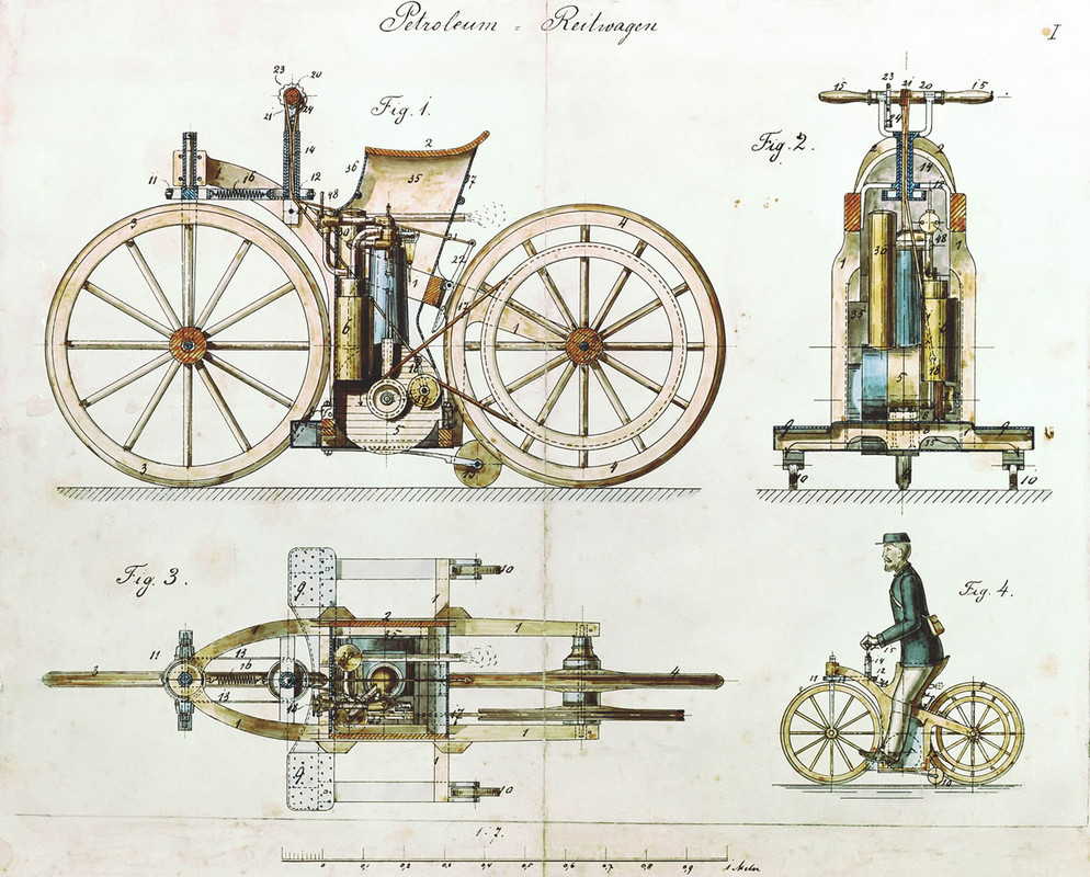 Daimler Reitwagen color drawing 1885 DE patent 36423 — Postimages