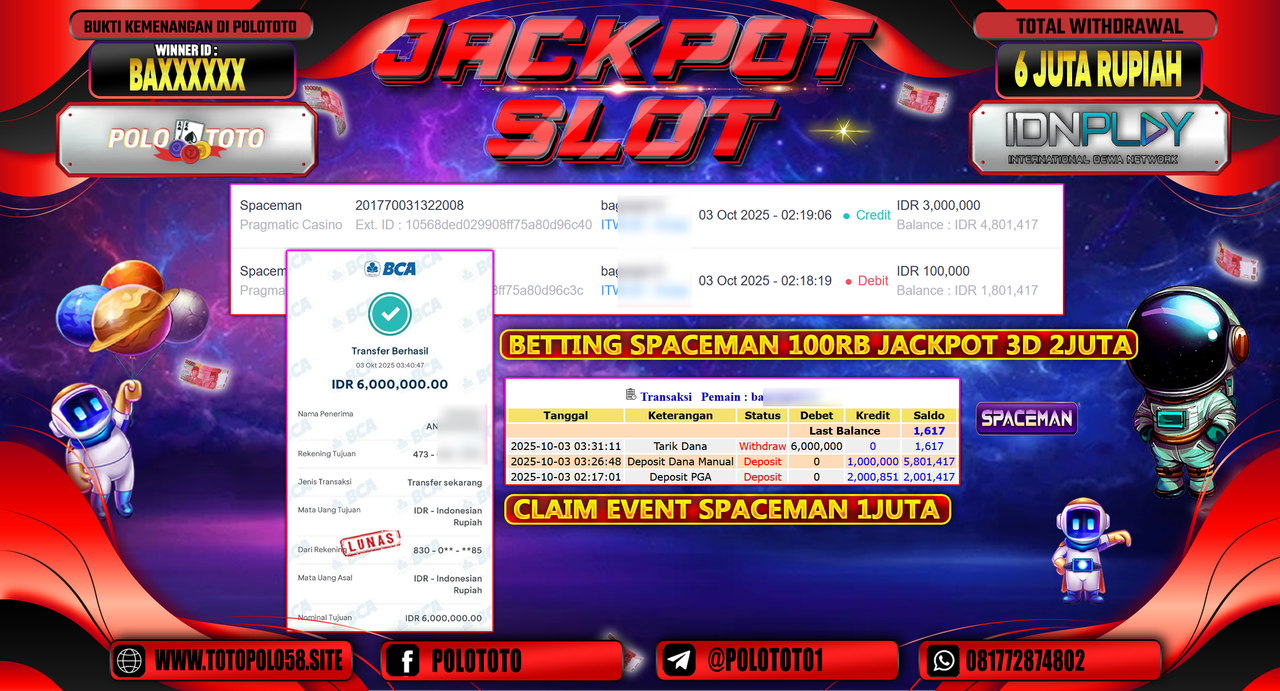 POLOTOTO JACKPOT SLOT SPACEMAN Rp.6.000.000,- LUNAS