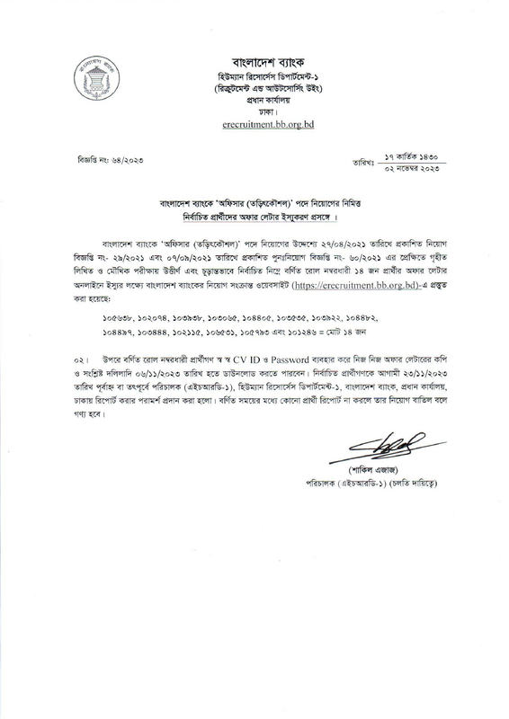 Bangladesh Bank Officer (Electrical) Offer Letter Download 2023 PDF