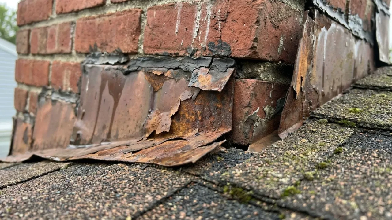 Corroded and lifted metal roof flashing around a brick chimney showing gaps where water can enter during rain