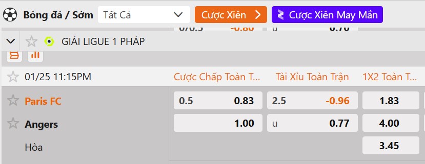 Tỷ lệ kèo Paris vs Angers