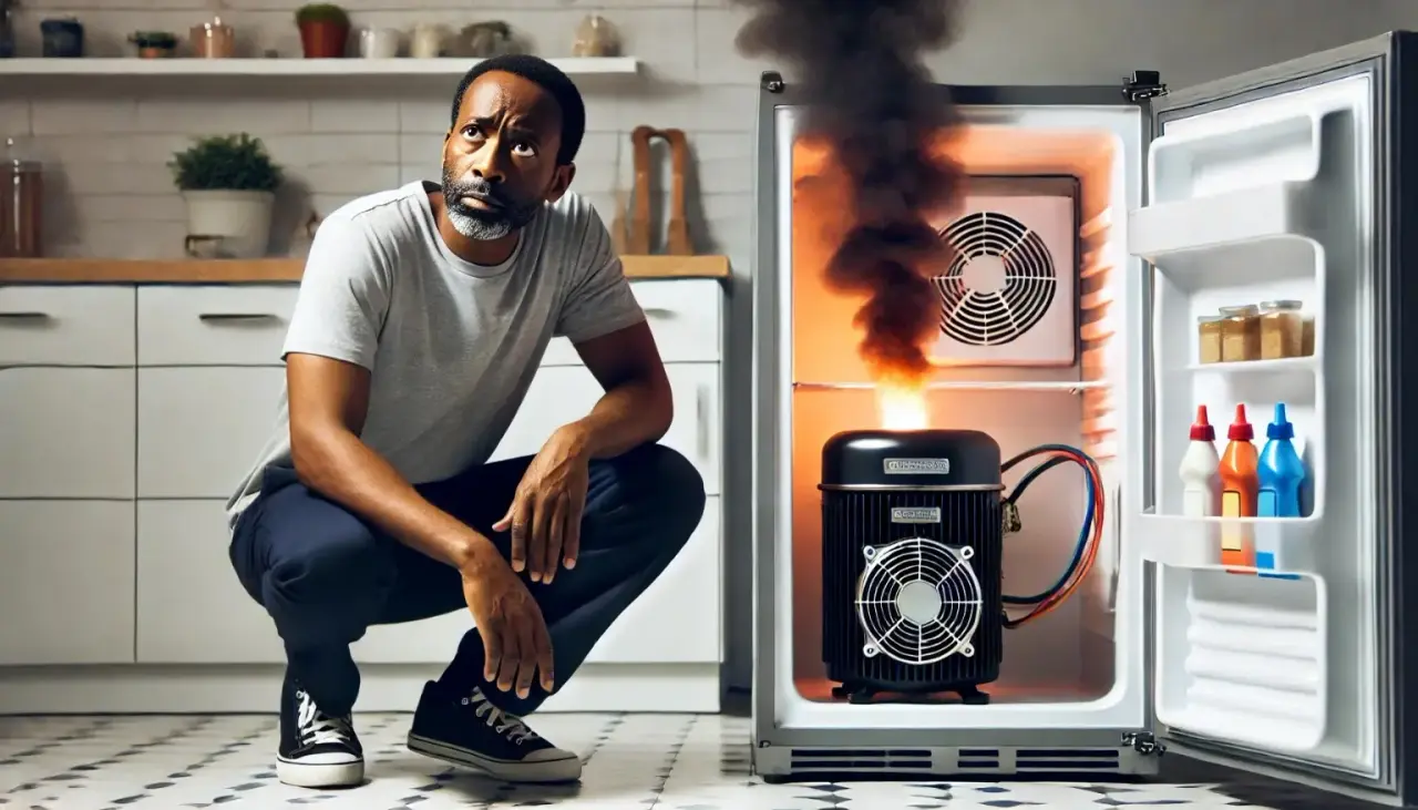 Homem negro dono de casa preocupado com o motor queimado do freezer