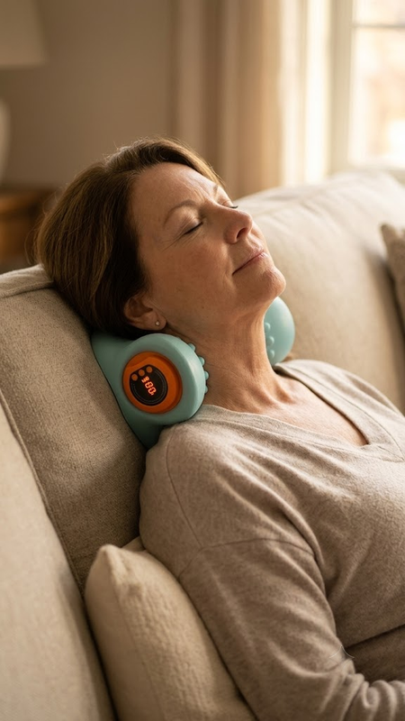 Woman lying back relaxed with the Neckline device at the base of her neck