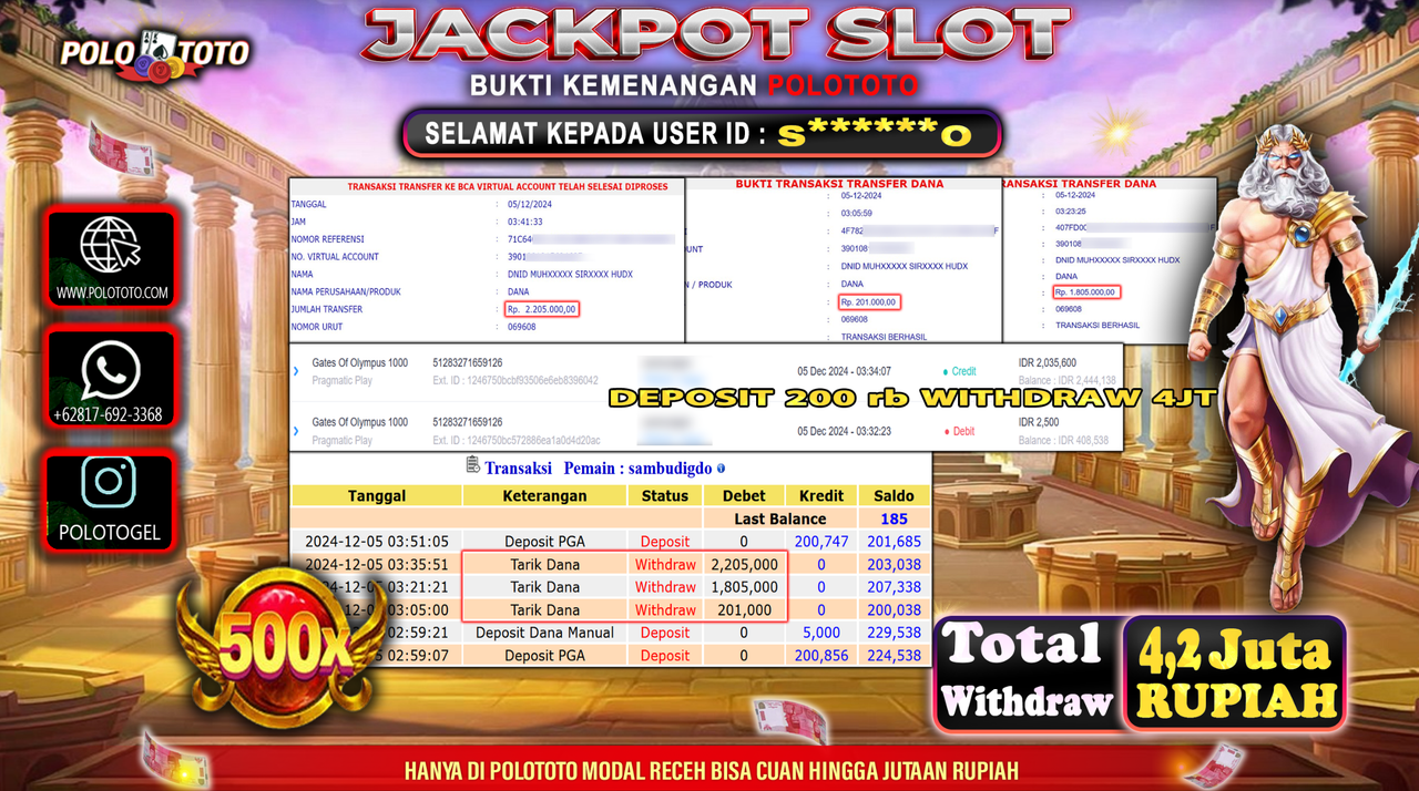 POLOTOTO JACKPOT SLOT GATES OF OLYMPUS Rp.4,200.000,-
