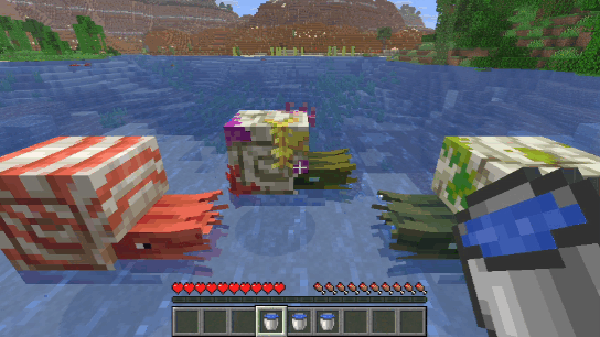 The player uses buckets of water to scoop up a nautilus, a zombie nautilus, and a coral zombie nautilus, then releases them back into the pond