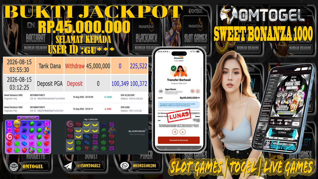 OMTOGEL JACKPOT PRAGMATIC PLAY SWEET BONANZA 1000 Rp,45,000,000,- DIBAYAR LUNAS