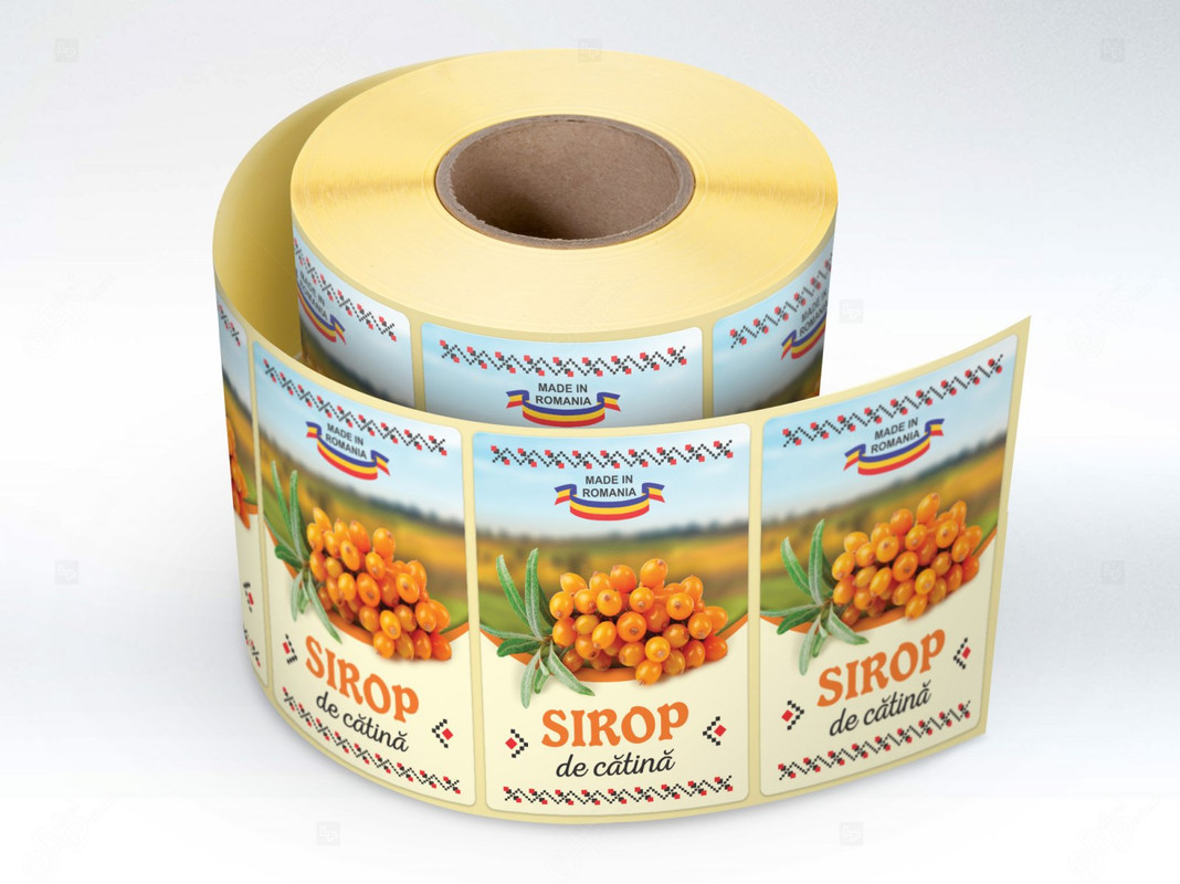 Eticheta sticle sirop de catina, autoadeziv usor de aplicat, autentic Romanesc, Cri-Flo, dimensiune 100x70 mm
