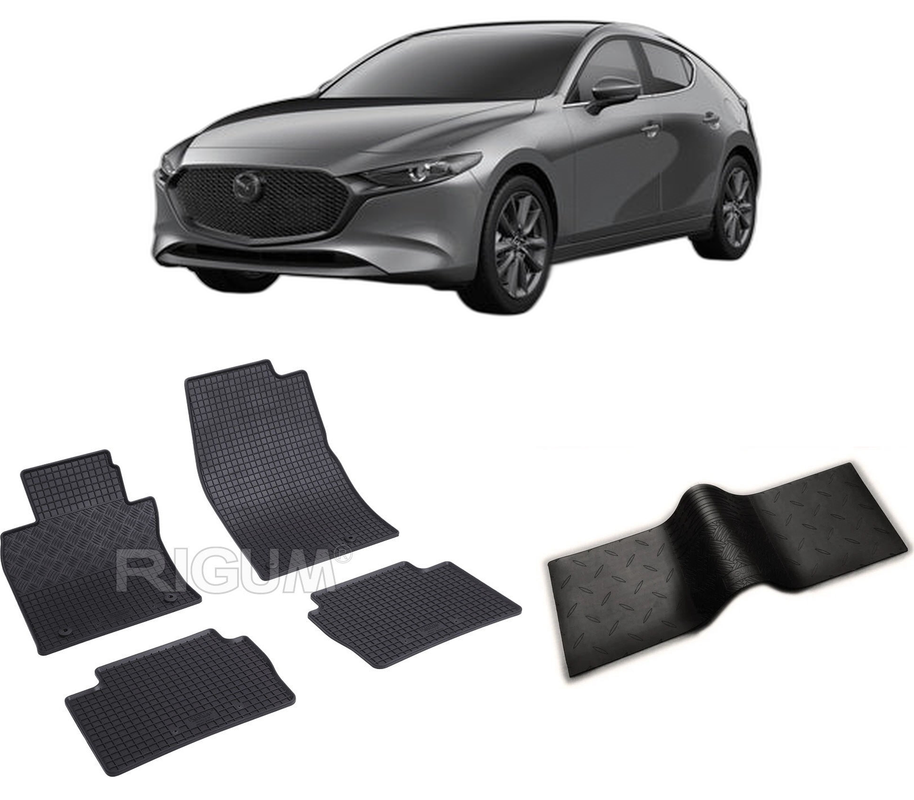 Set covorase auto MAZDA 3 IV din 03.2019-PREZENT, cu covoras tunel median, CAROSERIE SEDAN, Presuri cauciuc 100%, compatibil cu autoturismul MAZDA 3 IV, Rigum