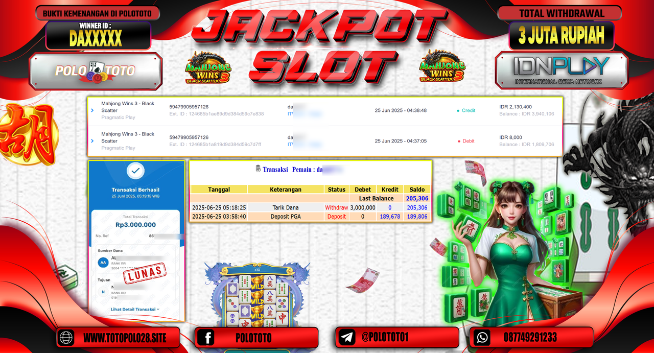POLOTOTO JACKPOT SLOT MAHJONG WINS 3 - BLACK SCATTER Rp.3.000.000,-