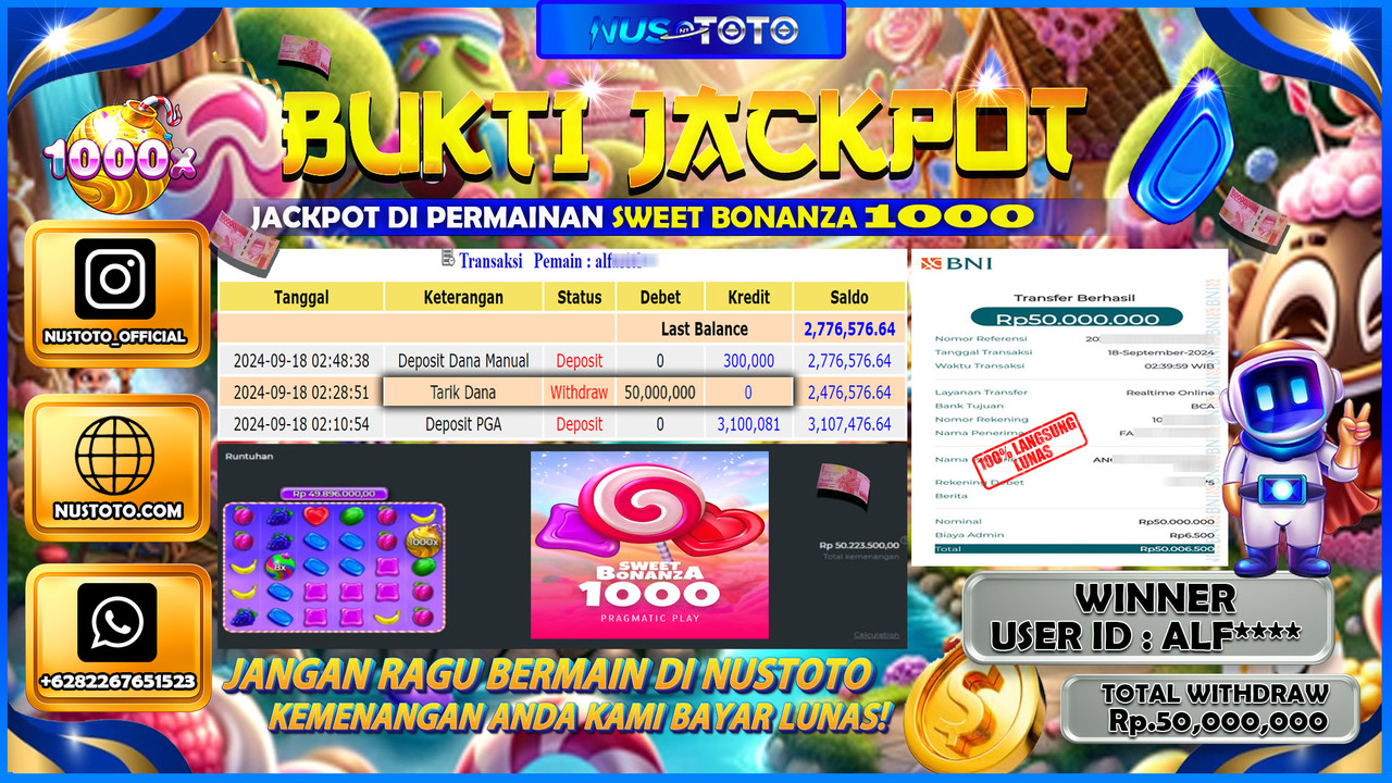 JACKPOT !! MENANG BESAR DI SWEET BONANZA 1000 Rp. 50,000,000 LANGSUNG DI BAYAR LUNAS NUSTOTO !!