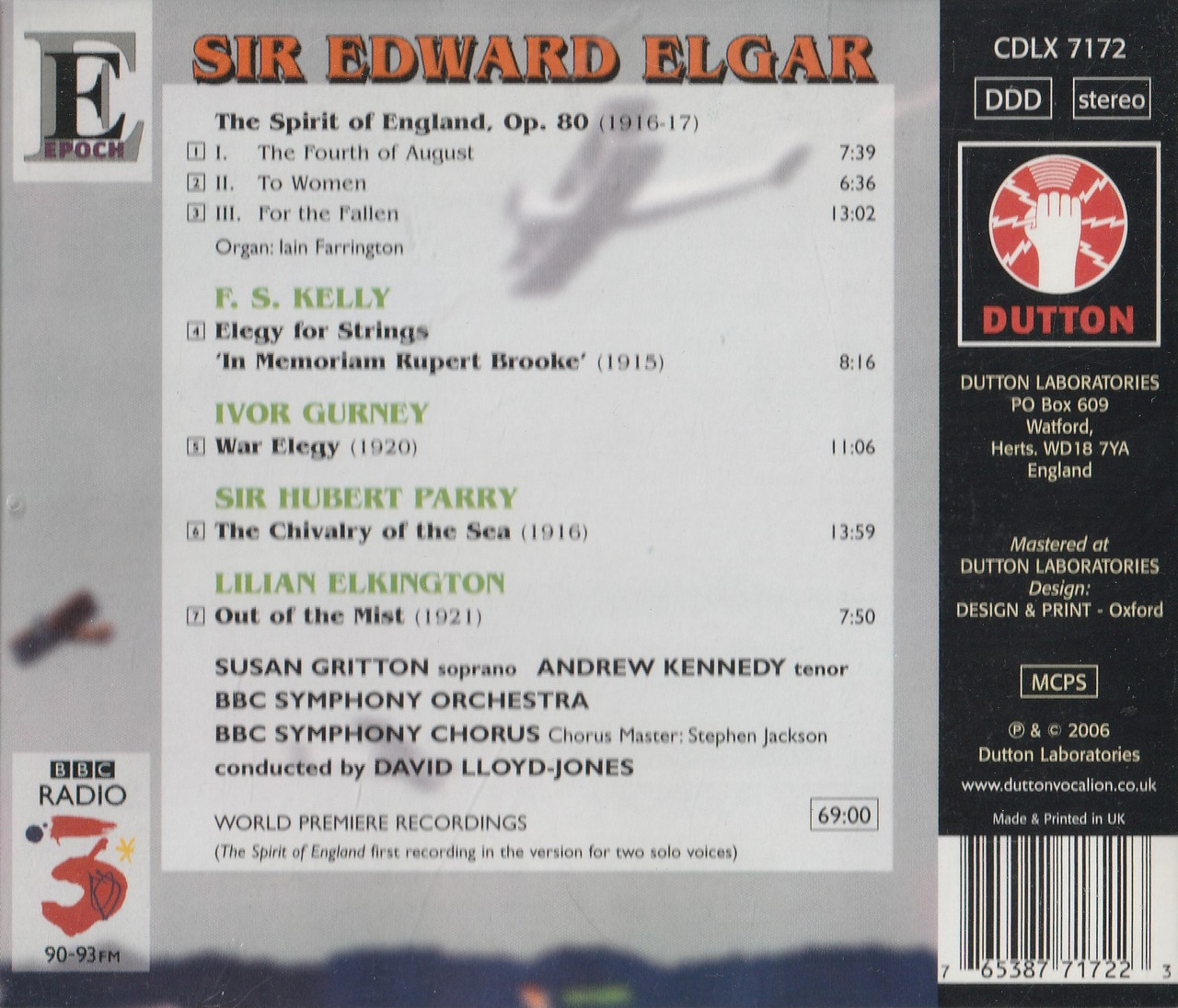 CD back cover of The Spirit of England by Edward Elgar from David Lloyd-Jones and the BBC Symphony Orchestra & Chorus on Dutton Epoch