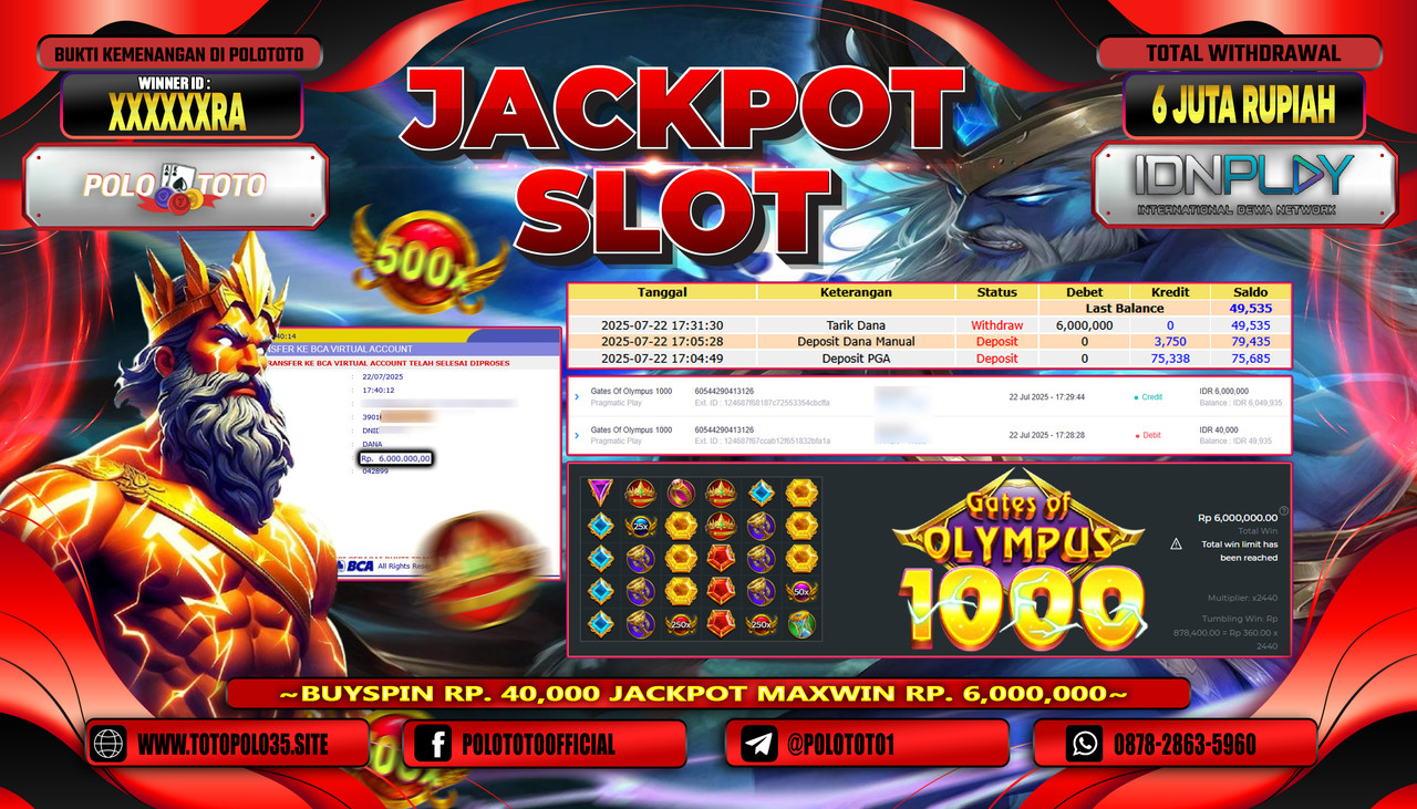 POLOTOTO JACKPOT SLOT GATES OF OLYMPUS 1000 Rp.6.000.000,- LUNAS