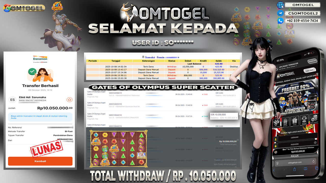 OMTOGEL JACKPOT PRAGMATIC PLAY GATES OF OLYMPUS SUPER SCATTER 10 JUTA DI BAYAR LUNAS ,-