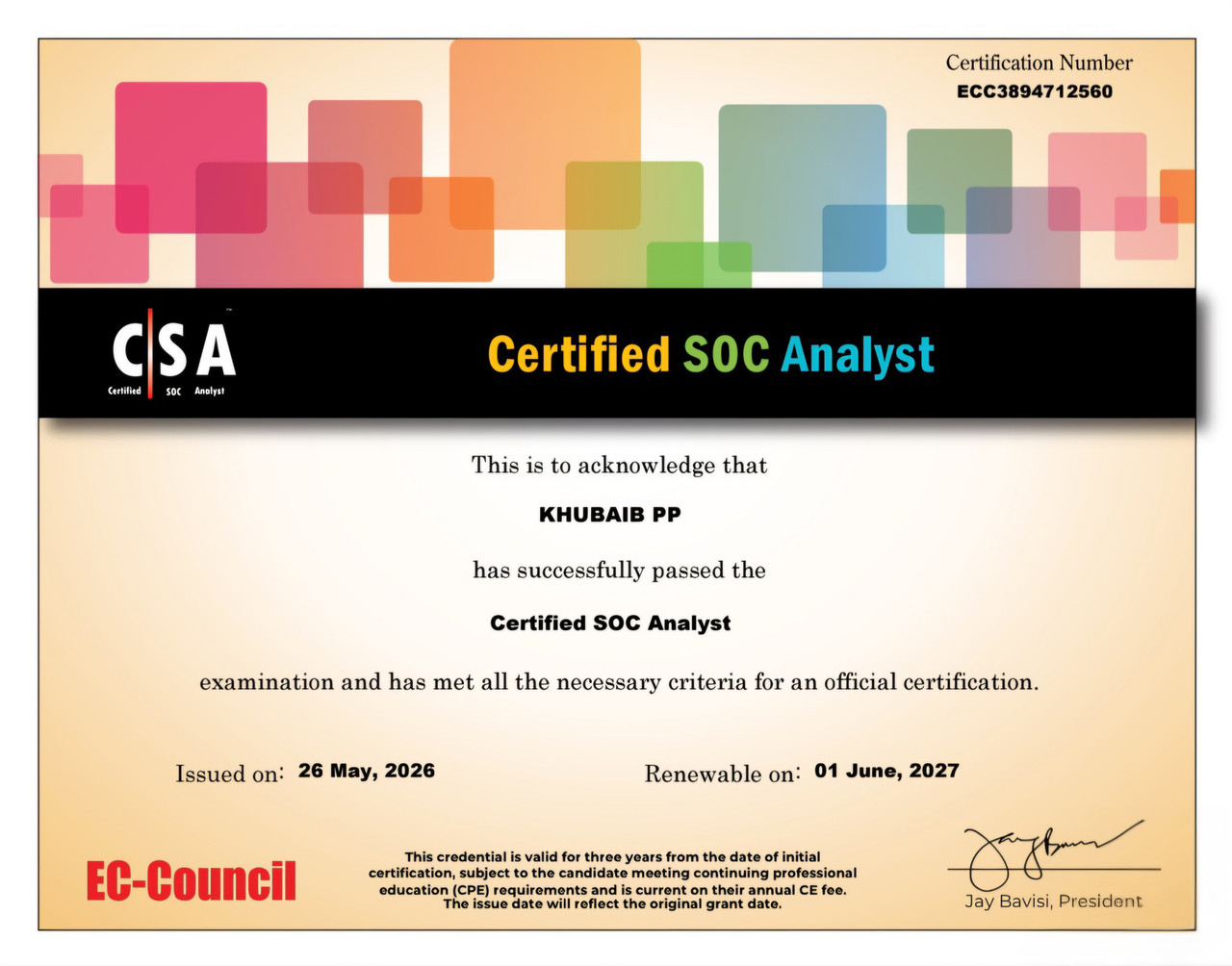 EC-Council Certified SOC Analyst (CSA) certificate thumbnail