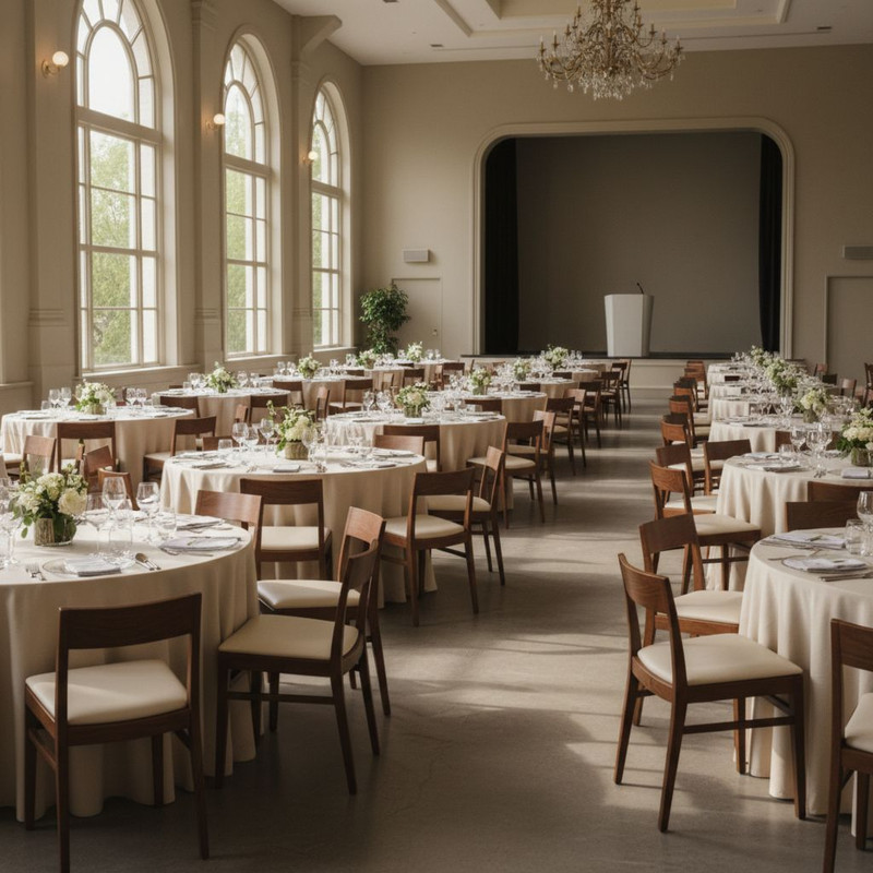 Ключевые критерии выбора мебели для мероприятия: аккуратно расставленные стулья и столы в зале для конференций.