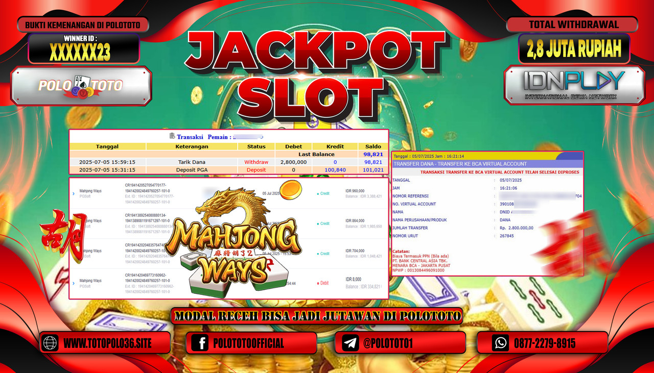 POLOTOTO JACKPOT SLOT MAHJONG WAYS Rp.2.800.000,- LUNAS
