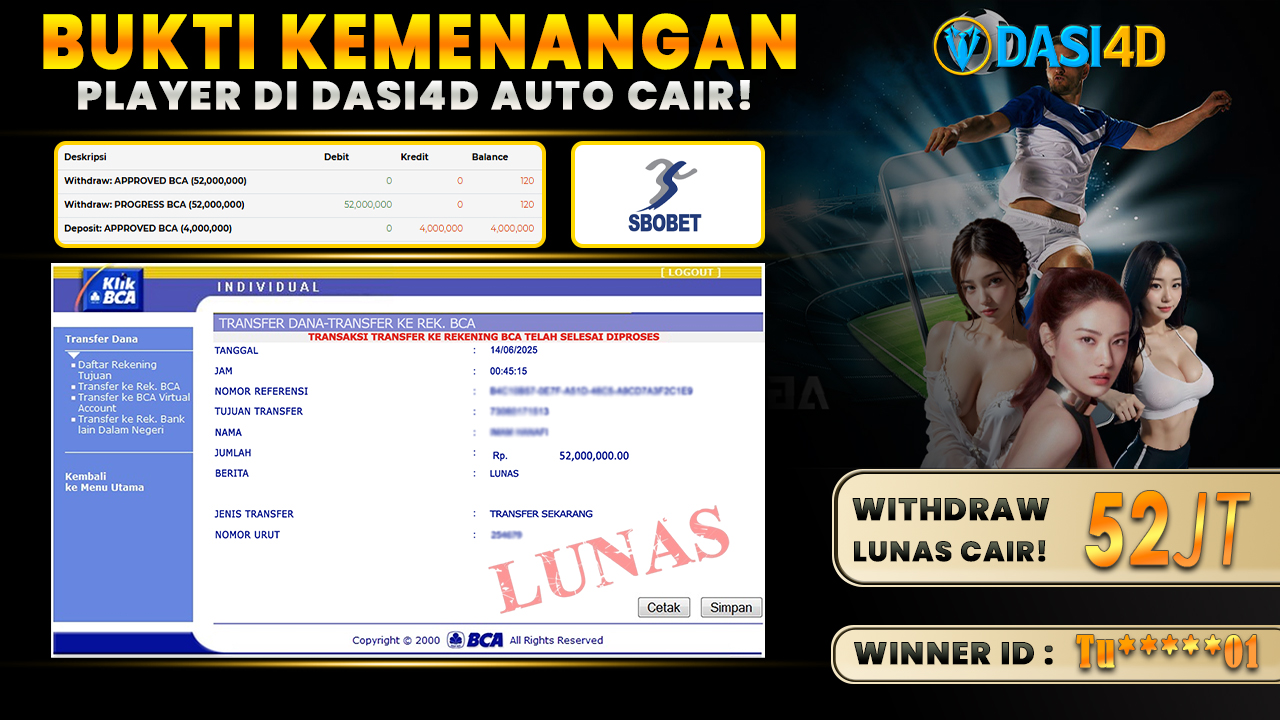 BUKTI KEMENANGAN 14 JUNI 2025 DI SPORTBOOK WD 52 JUTA