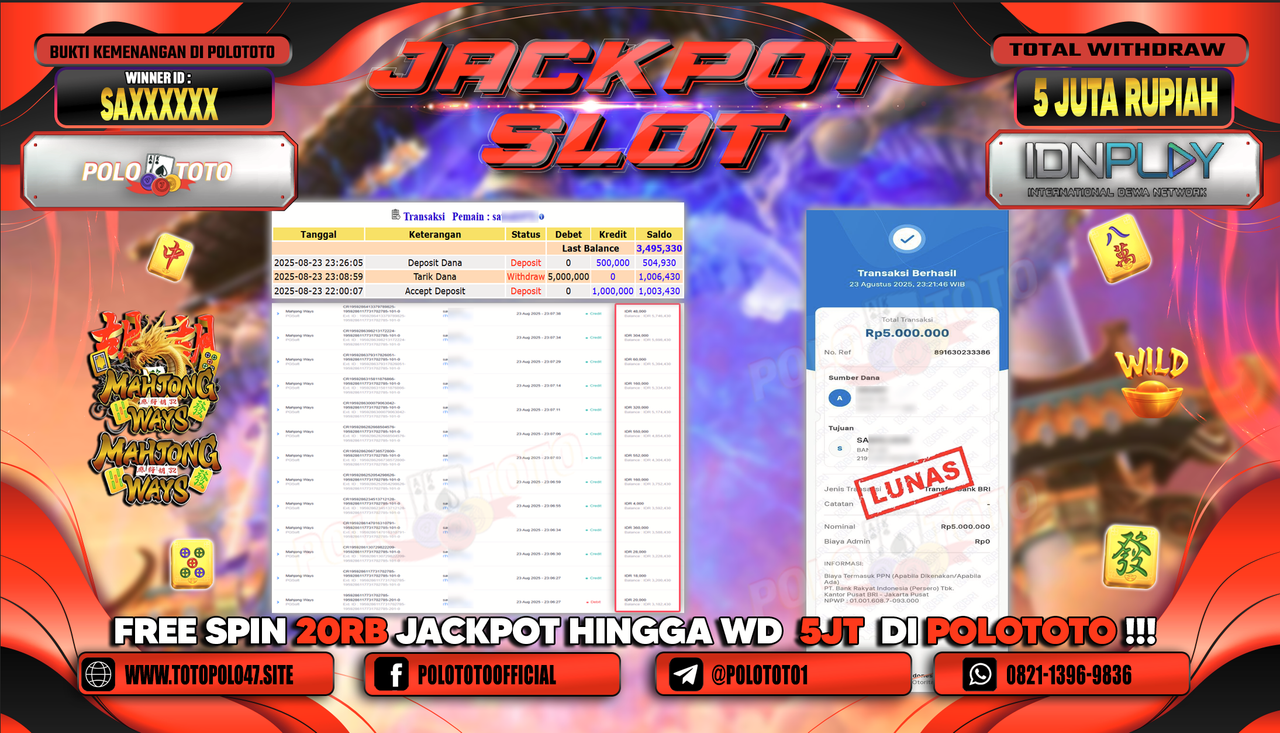 POLOTOTO JACKPOT SLOT MAHJONG WAYS Rp.5.000.000,-