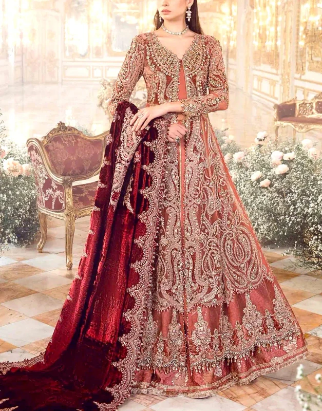 Rust-Orange Net Maxi Dress – 100″ Ghair, Alt Zari Embroidery