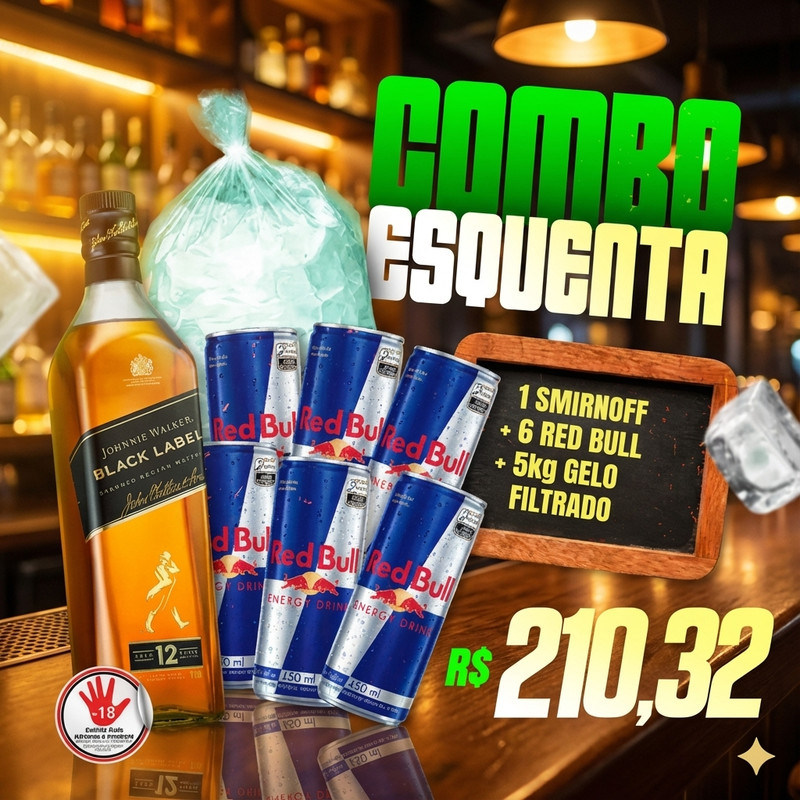 Combo Black Label (Black Label 1L + 6 Red Bull 250ML + Gelo 3KG)
