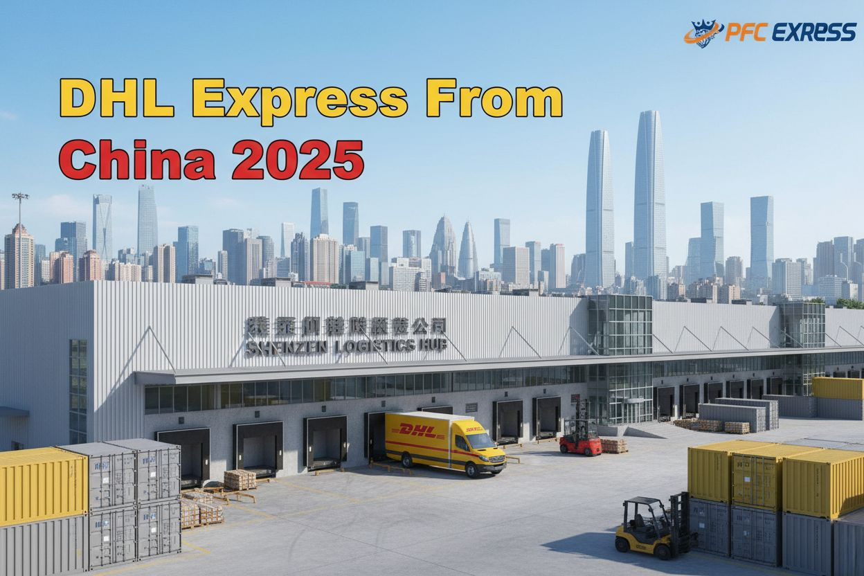 DHL Express delivery van loading packages at PFC Logistics fulfillment center in Shenzhen, China, showing the direct partnership and corporate rate advantage