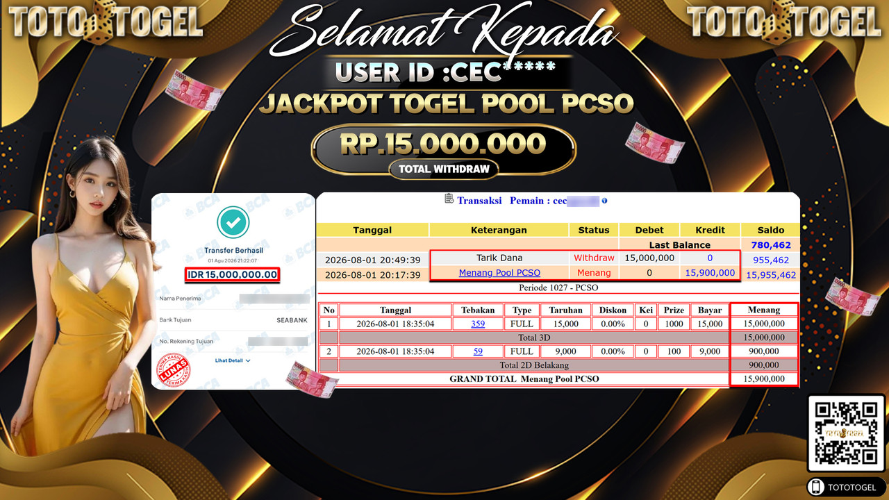 Bukti Pembayaran Jackpot TOGEL POOL PCSO ID:WAH**** LUNAS