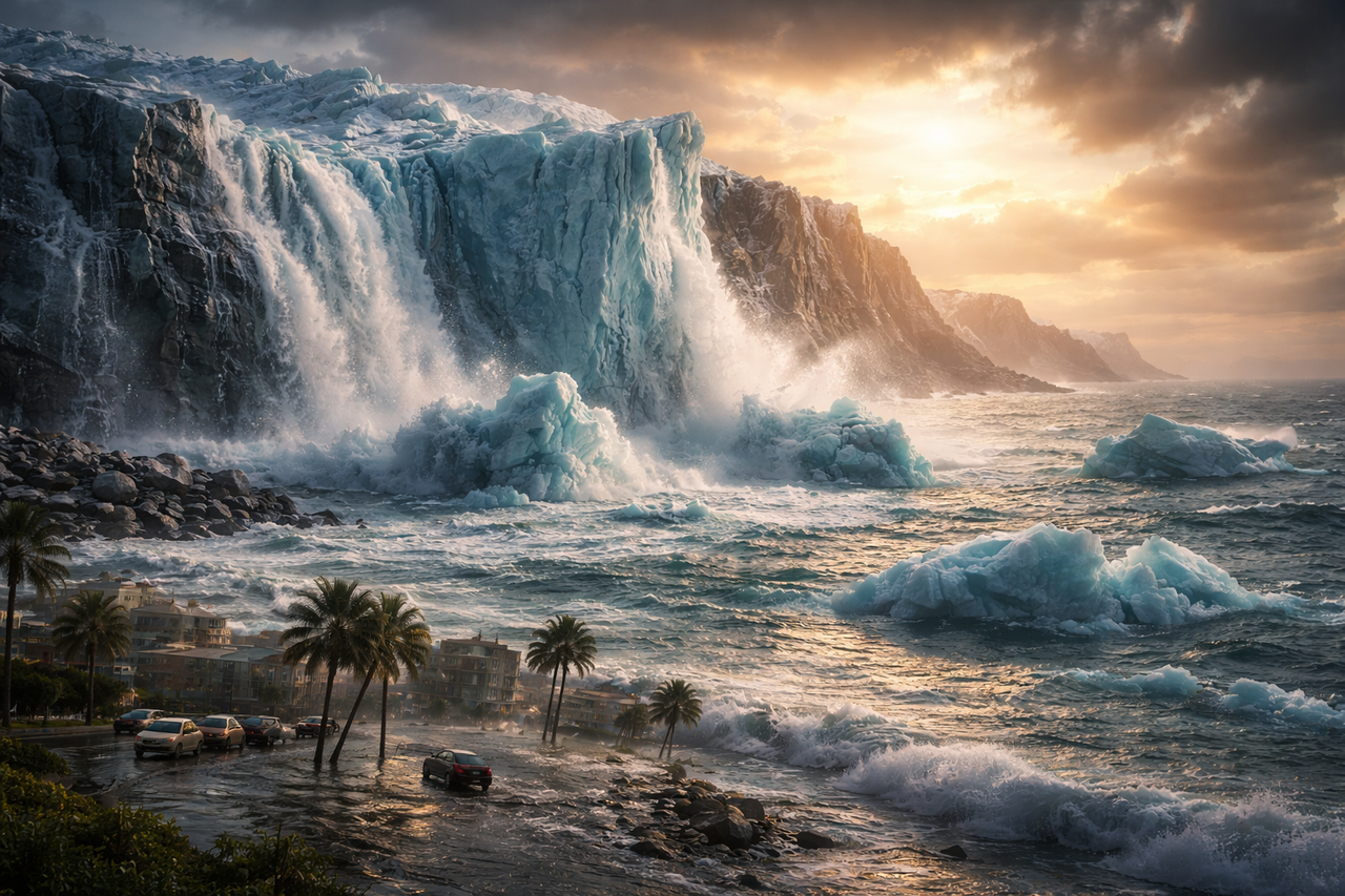 Melting Glaciers and Rising Sea Levels: Causes, Impacts, and Global Solutions Melting glacier and flooded city at sunset