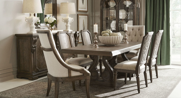 The whole-house Vintage Salvage collection returns to the European elements first introduced through Arch. Salvage, but in a new transparent Umber finish. The rich tone applied to parawood solids and cathedral elm veneers enhances the grain of the wood and adds depth to the carved details that are the stand-out motifs of the Arch. Salvage collection.