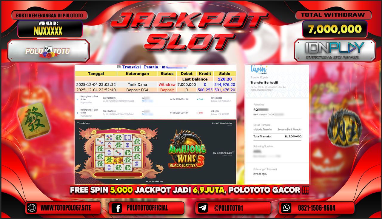 POLOTOTO JACKPOT SLOT MAHJONG WINS 3 - BLACK SCATTER  Rp.7.000.000,- LUNAS