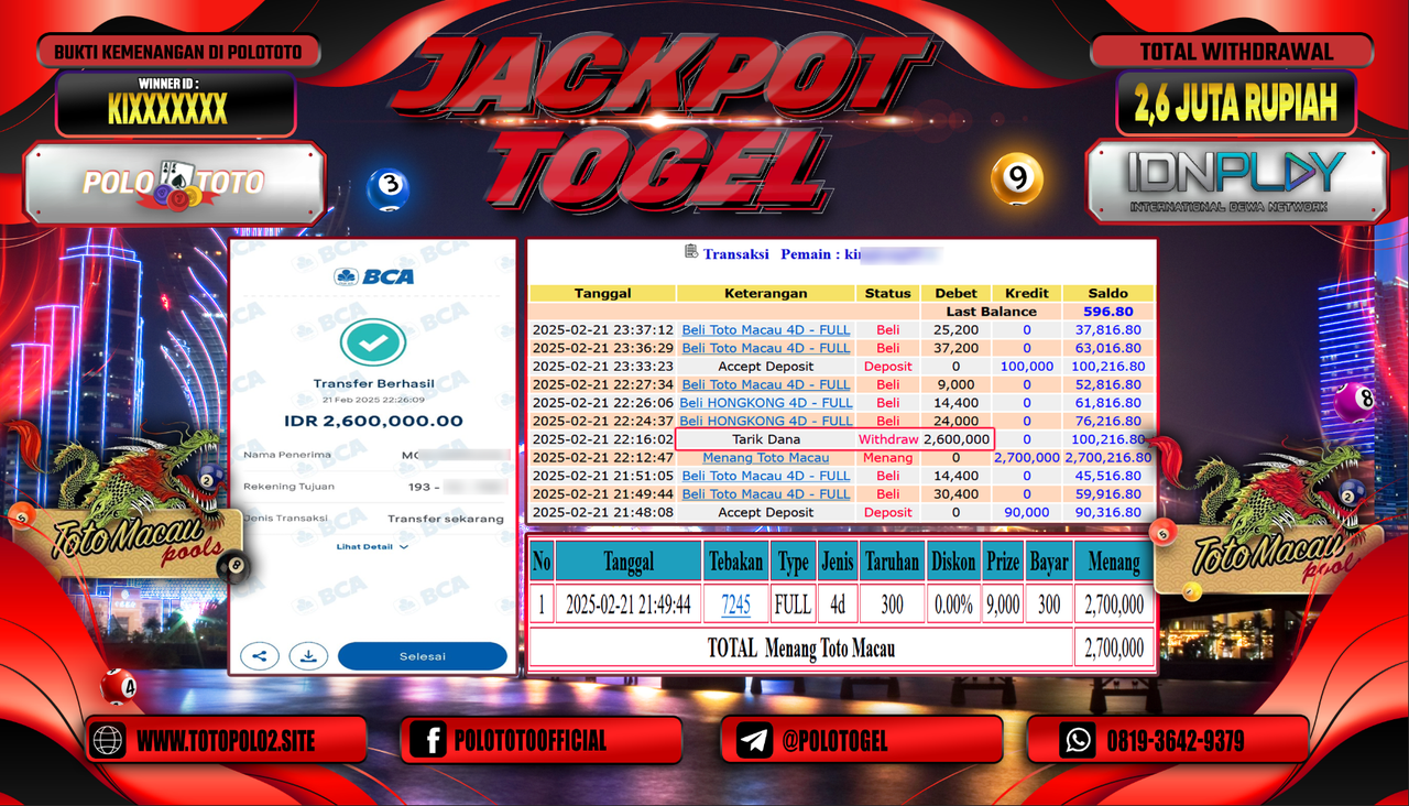 POLOTOTO JACKPOT TOGEL TOTO MACAU Rp.2.600.000,-